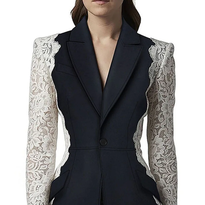 A7069 Newest Women Clothes Contrast Black and White Blazers Lace Long Sleeve Women Jacket