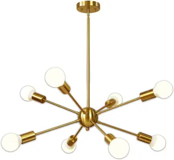 Chandelier 8 Light Brushed Brass Pendant Lighting Gold Mid Century Modern Starburst-Style Ceiling Lighting Fixture