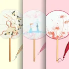Fan Chinese Style Round Fan With Wooden Handle Portable Printed Vintage Fan Dance Wedding