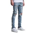 Jeans Wholesale Sea Blue Jeans Custom Patchwork Distress White Spots Stretch Ripped Skinny Jeans