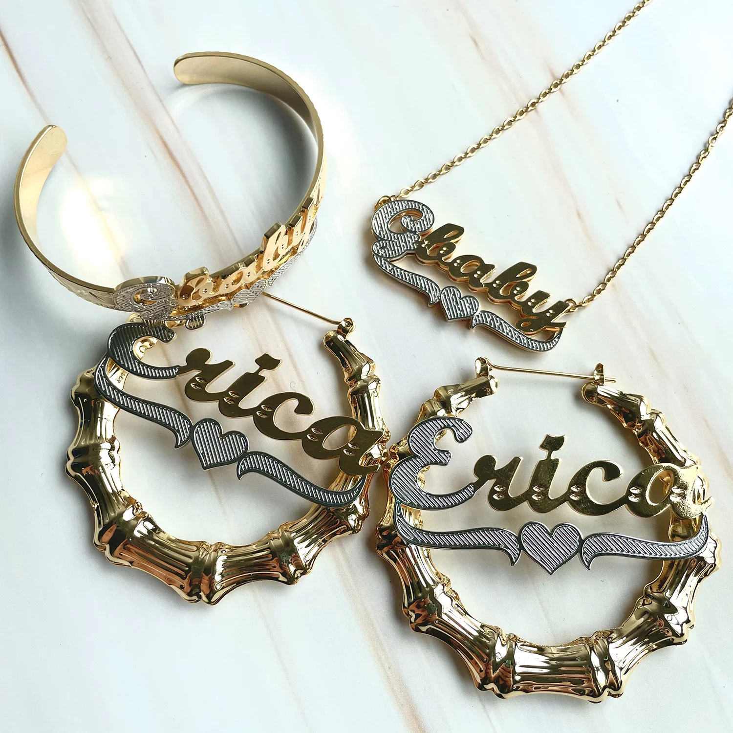 Hot Selling Metal Two Tone Hip Hop 18K Gold  Silver Plated Custom Name Necklace Personalized Bracelet Earring Studs