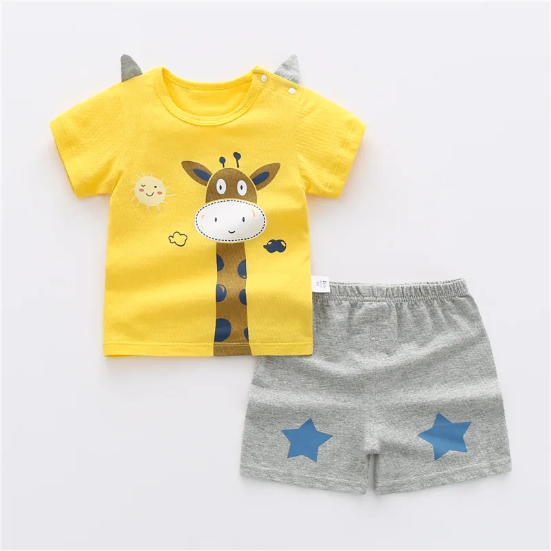 manufacturer Summer Cartoon Baby Short Sleeve T-Shirt Sports Pants Wholesale OEM Kids Cotton T-Shirt Shorts Set