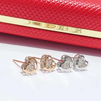NINE'S Hot Selling Romantic 18K Gold Heart Earring Dancing Moving Stone Stud Earrings with Natural Diamond