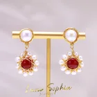 Agate Earrings Baroque Natural Pearl Red Agate Wire Stud Earrings Gold-plated