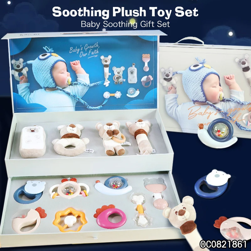 Custom logo sensory toy new born baby rattles toys plush bear gift set