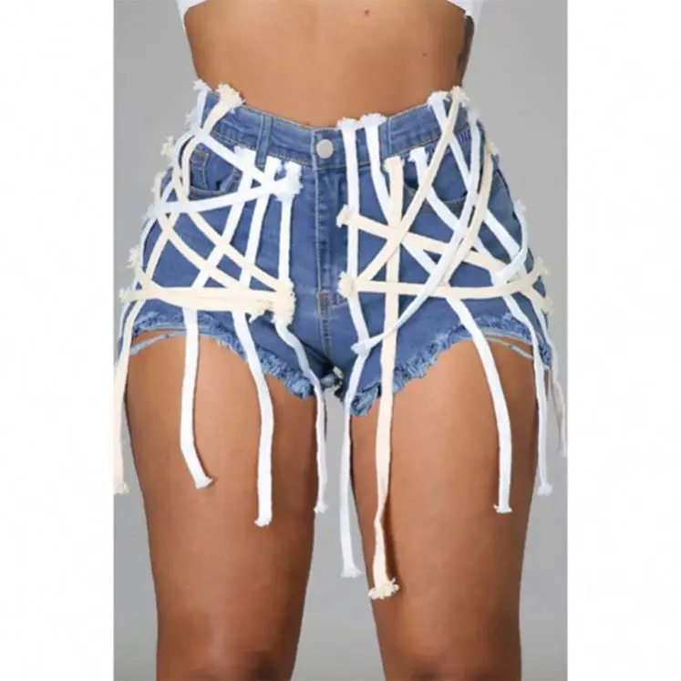 Fashion 2021 Streetwear Women Blue Denim Short Pants Sexy Summer Washed Jean Shorts With String
