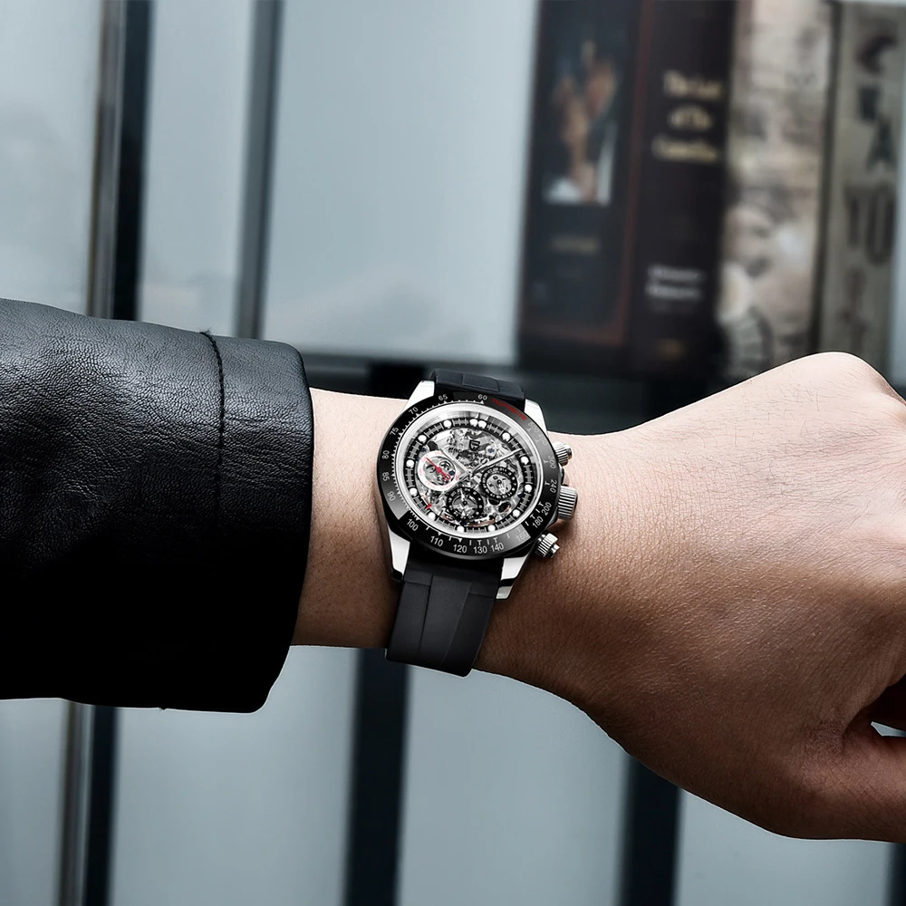 男士多功能全自动机械表，带镂空机芯和精密钢表