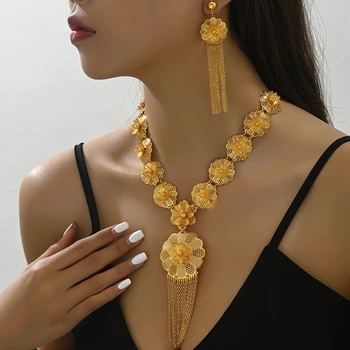 Bulk stock 24k jewelry Wholesale Dubai 24K Gold Plated Necklace Earrings Ring Bracelet Bride Wedding Big Jewelry Set