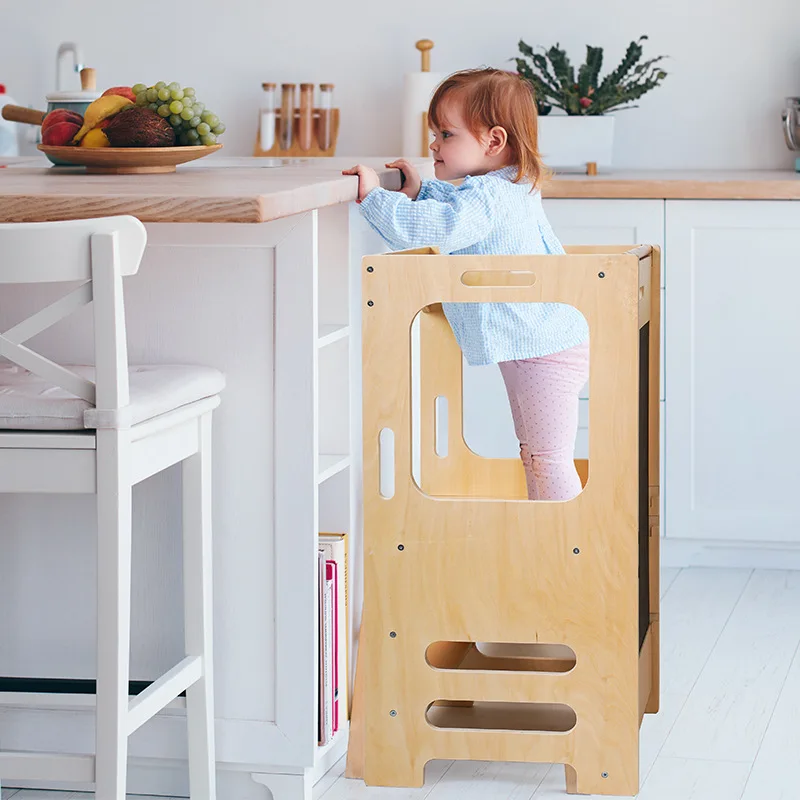 Escabeau d'aide à la cuisine pliable, tour d'apprentissage en bois Montessori pour enfants avec tableaux noirs pour les détails des tout-petits