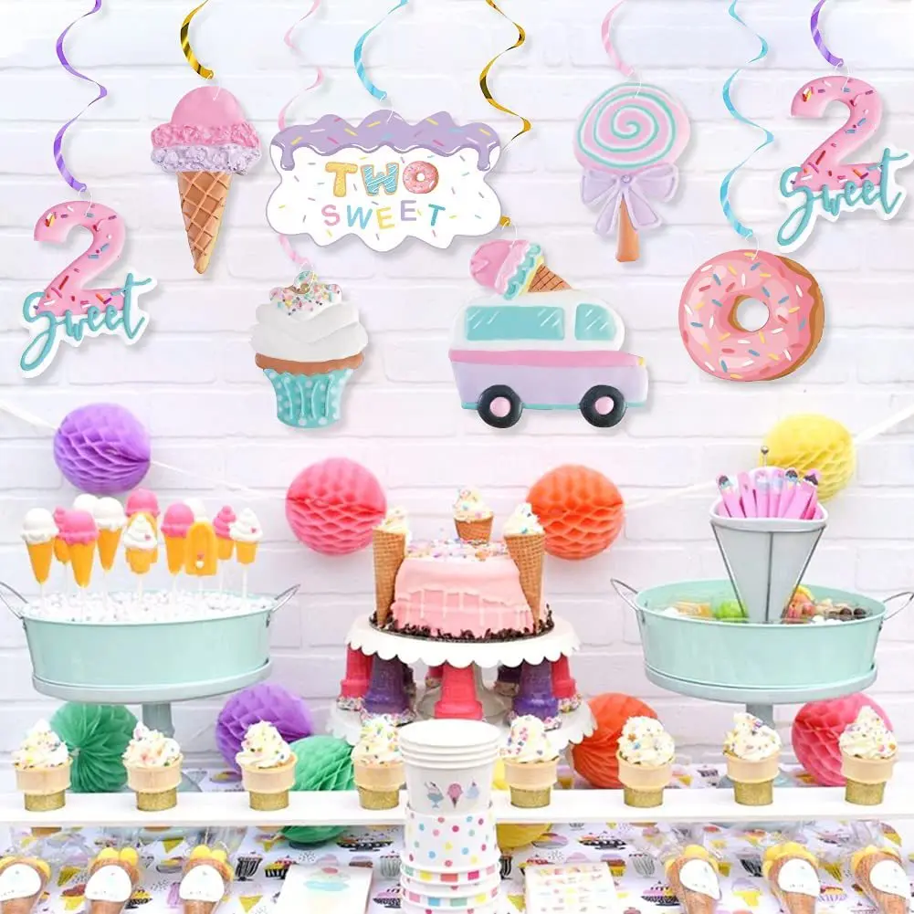 Two Sweet Baby Second Birthday Party Ice Cream Theme Decorations Macaron Balloons Banner Cupcake Toppers