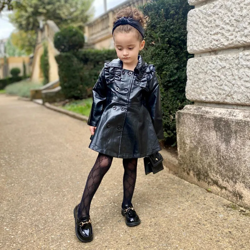 2022 baby girls dresses casual PU leather solid mini dresses kids fall winter long sleeve toddler girls clothing dress