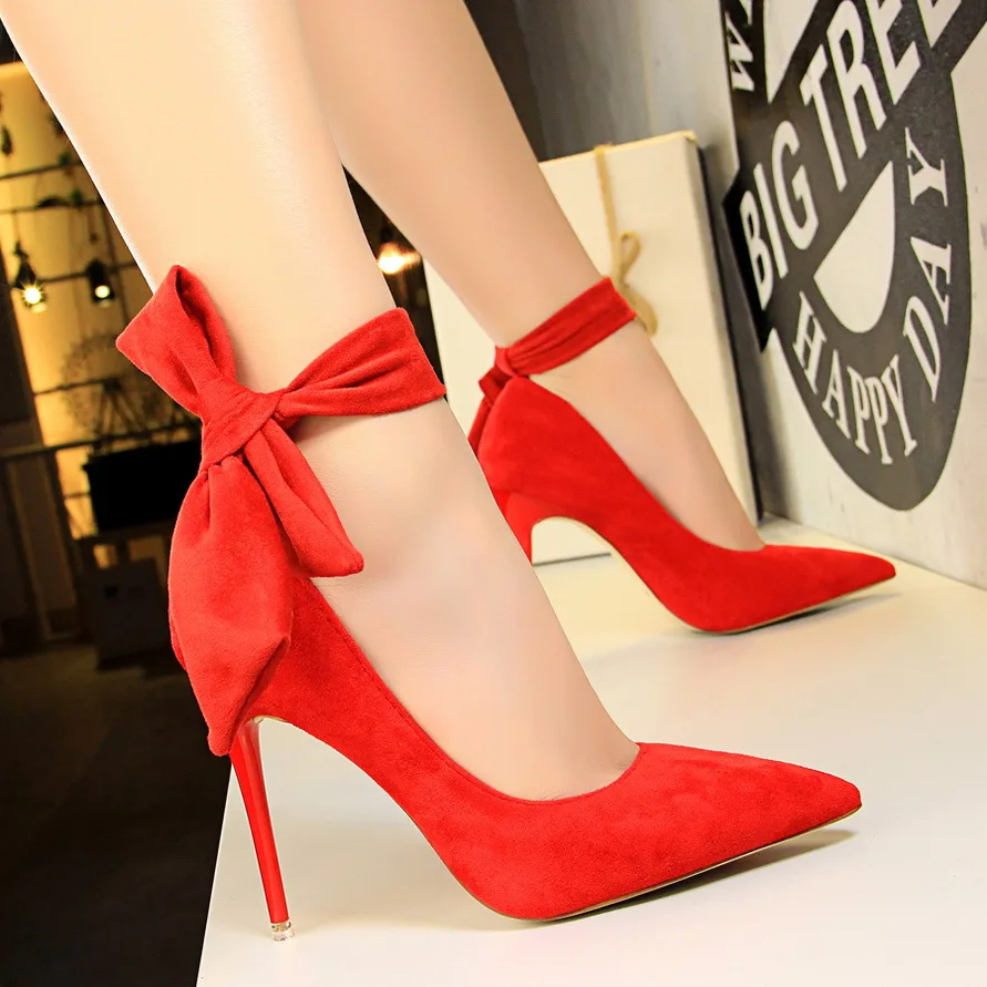 Shallow pointed head with bow single shoe super high heel thin heel high heel shoes simple suede women's shoes
