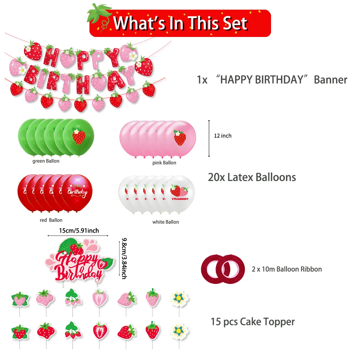 New fruit strawberry theme birthday party decoration strawberry flag cake card party balloon set