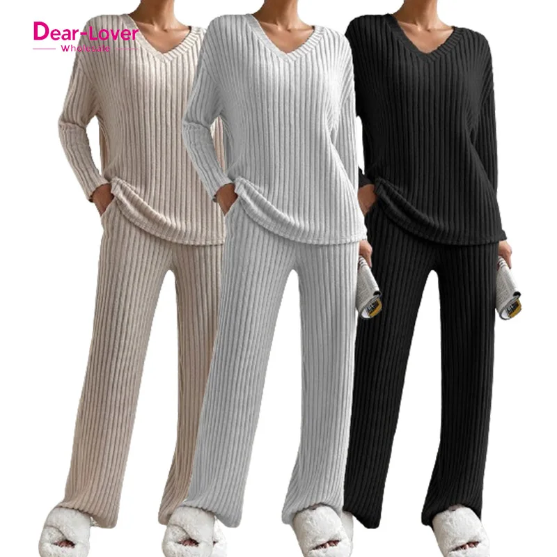Dear-Lover Wholesale Ribbed Knit V Neck Slouchy Two-piece outfit Pajamas For Women Set
