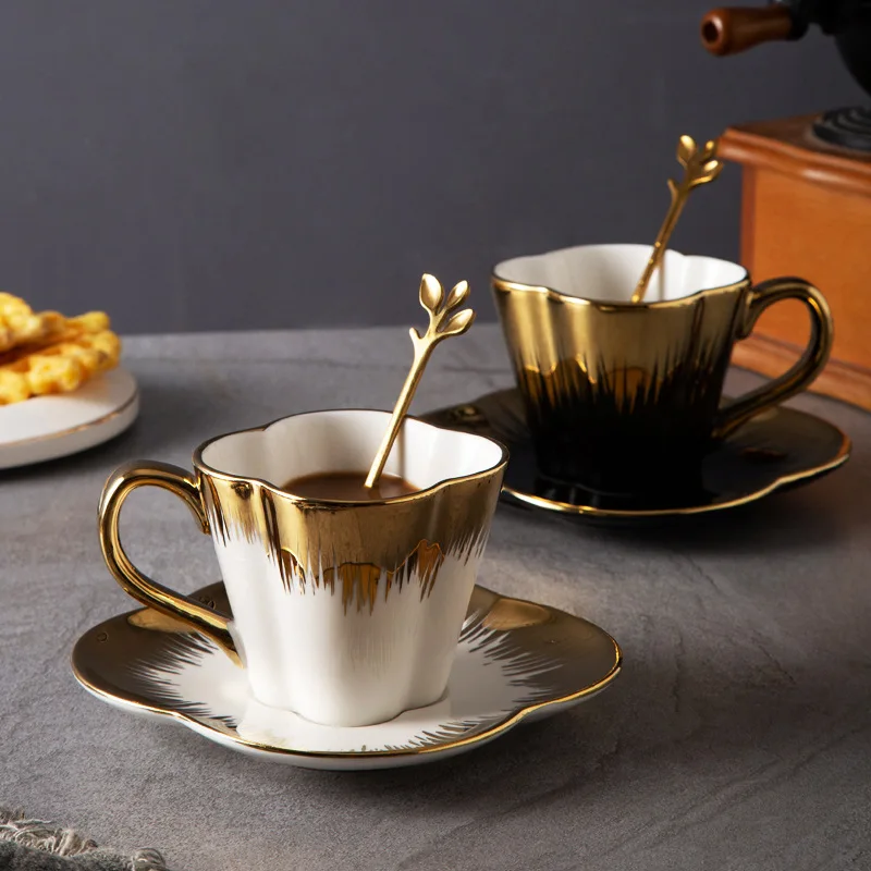 Gold rim gold handle hot Nordic ceramic petals coffee mug cup new trend flower shape tea couple cups and saucer set