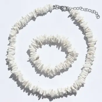 Hawaii Bohemian Broken Cowrie Shell Bracelet Necklace Set White Puka Shell Necklace with Adjustable Chain