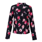 Blouse Woman Shirt Mandarin Collar Pleated Front Floral Rose Print Women's Long Sleeve Blouse Casual Tops