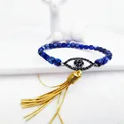 Evil Eye Fashion Square Bead Gold Plated Tassel Stretchable Bracelet With Crystal Glass Evil Blue Eye Charm