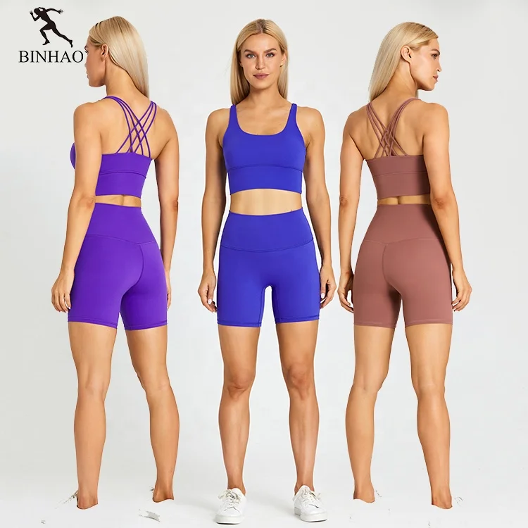 Wholesale Female Athletic Wear Moisture Wicking Quick Dry Sportswear Gym Sets Tummy Control Sports Yoga Shorts And Bra Sets