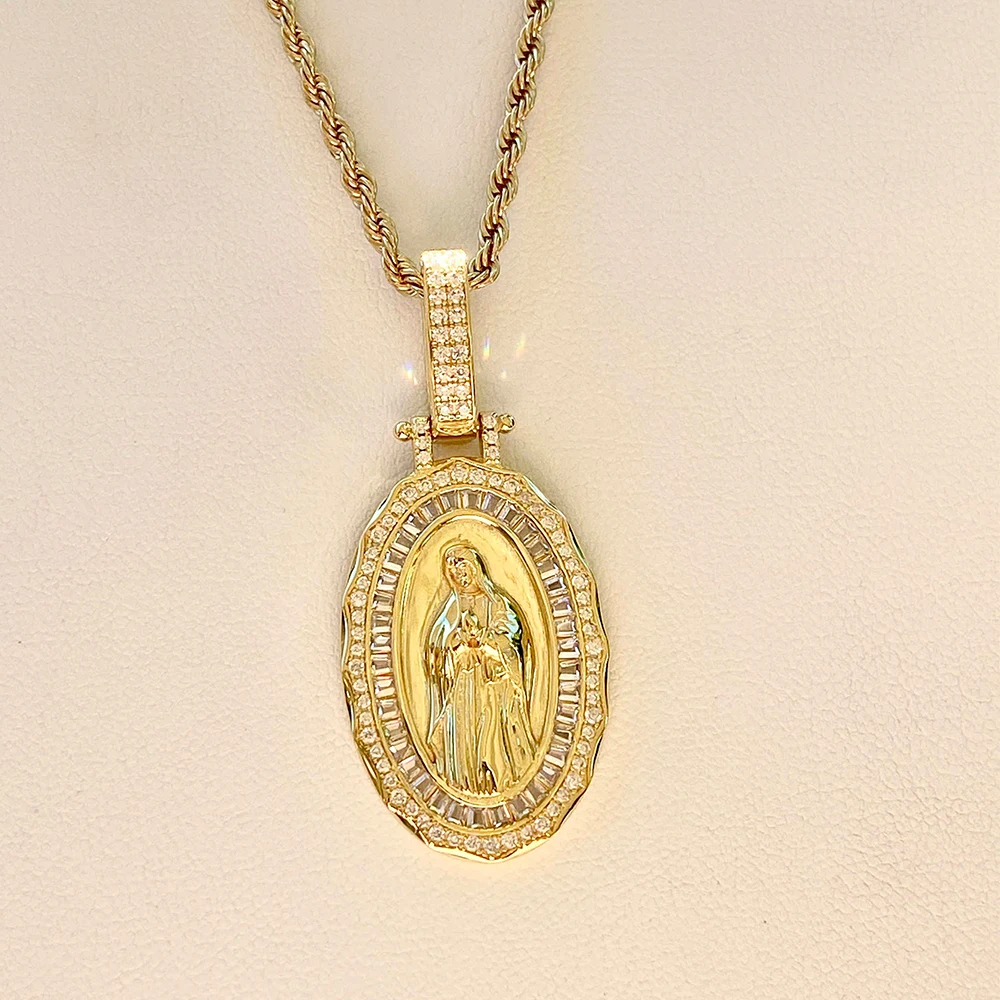 Wholesale Custom Virgin Mary Pendant Hiphop Gold Men Cz Iced Out Diamond Hip Hop Jewelry Virgin Mary Necklace