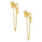 Star Stud Trendy 18K Gold Plated Sterling Silver Double Star Chain Drop Stud Artificial Earrings