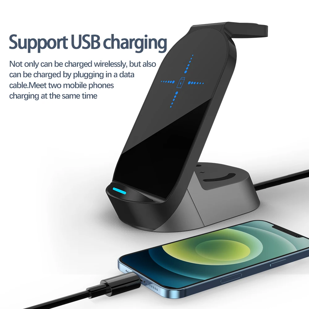 Portable Desktop QI Mobile Phone 3 in 1 4 3 in one 15W Fast Charging Station Phone Holder Stand Wireless Charger for Mobile