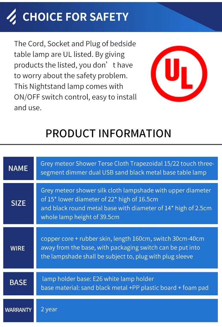 modern Gray lampshade meteor shower high quality  bedside table lamp with usb port