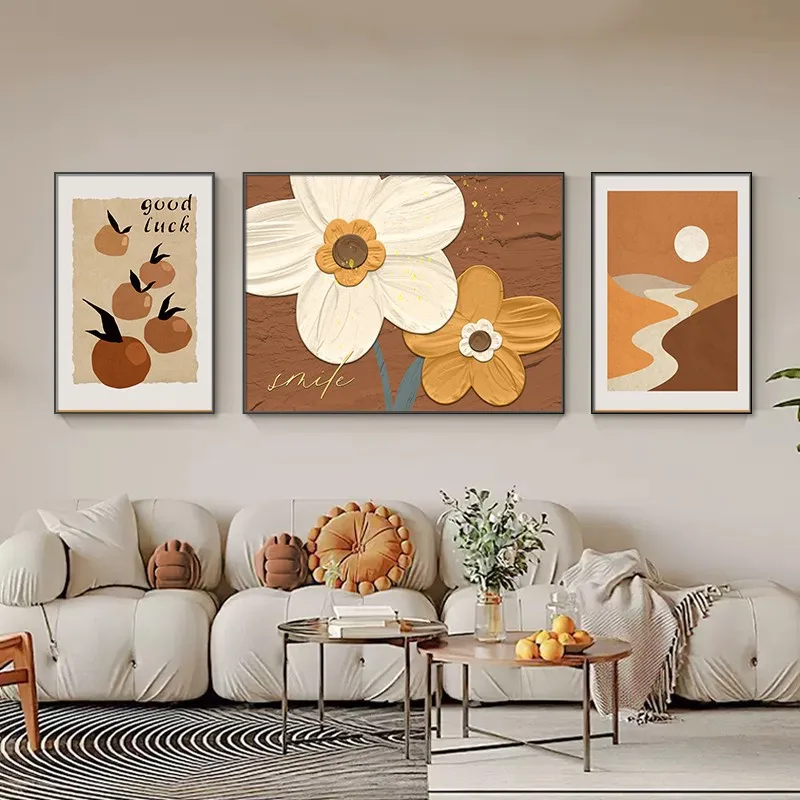 Floral Cat Gallery Wall Art Set Canvas Print Yellow White Daisies Green Earthy Tones Minimalist Whimsical Living Room Home Decor