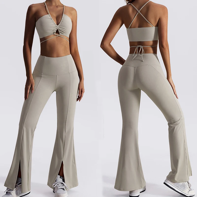 Wholesale 3 Piece Sportswear Fashion Yoga Bra Fitness Clothing Yoga Set Women Active Wear Split Flared Pants Gym Fitness Sets