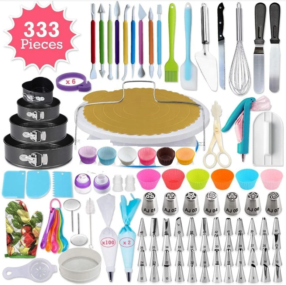 High Quality 333Pcs Cake Decorating Tools Kit Cake Turntable Set With Non Stick Baking Pan and Numbered Piping Tips