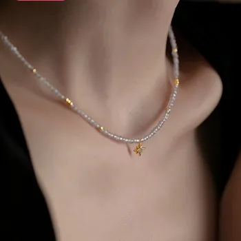 Aimgal Luxury Sterling Silver 18K Gold Plated Clavicle Chain 2.5mm Natural Moonstone Pendant Eight-Pointed Fine Beaded Necklaces