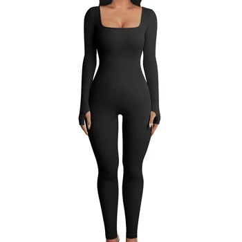 Hot Selling Women's Sporty Seamless Ribbed Jumpsuits Long Sleeved Yoga Shaping and Hip lifting Fitness Jumpsuits