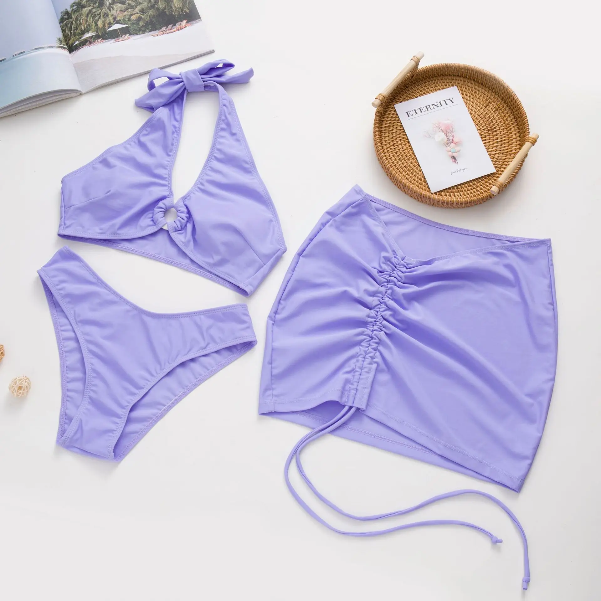 Three Piece Sets Swimsuits Sets Bikini Sets Backless Bikini Bra Sexy Mini Dress Solid Suits 2022