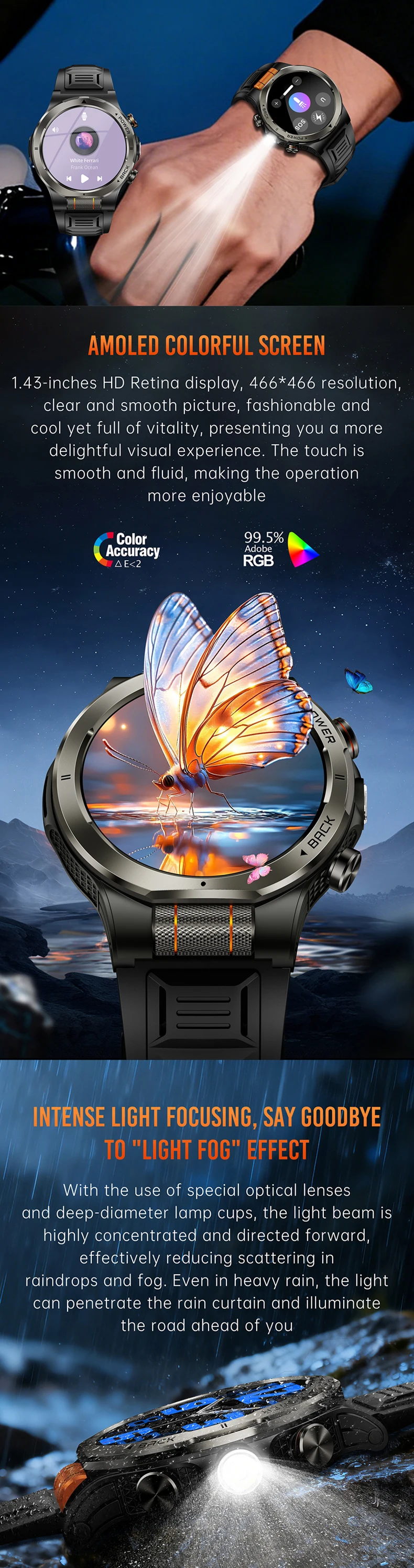 product kt91 smart watch 143inch amoled screen led flashlight 1100mah large battery health monitor 3atm waterproof sports watches-1