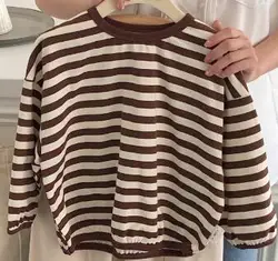Children's casual pullover black brown stripe hoodie autumn new boys and girls loose unisex fashion hoodie top