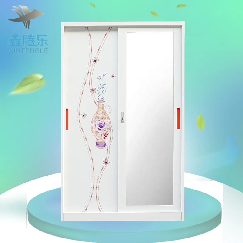 Modern Home Use Steel Printed Sliding Door Wardrobe Closet with Mirror Price Bedroom Furniture