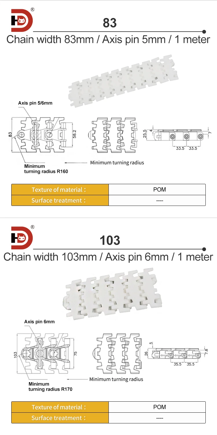 Flexible Conveyor Chain Plate/63/83/103/140/175/295mm Flat Chain Pom Toothed Chain factory