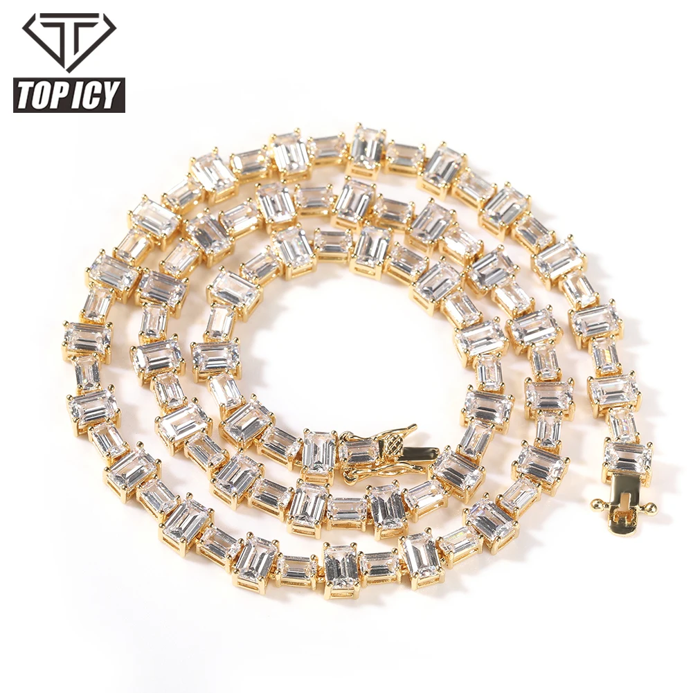 TOP ICY gold silver pink mix color baguette AAA CZ prong set luxury real gold plating spring clasp women tennis chain