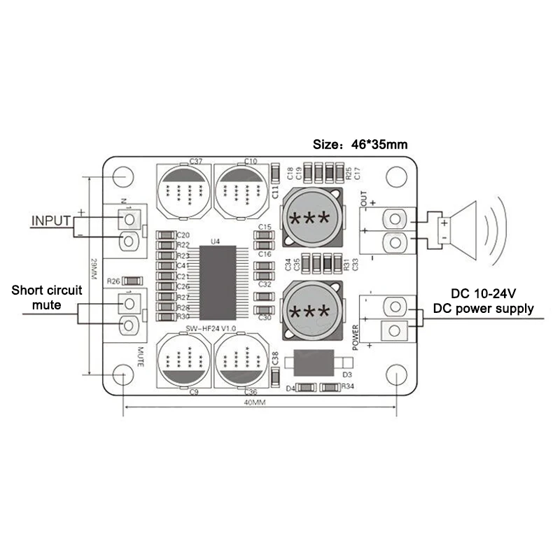 32针芯片原装tpa3118 dc 12v-24v 60w单声道数字音频功放板放大器模块