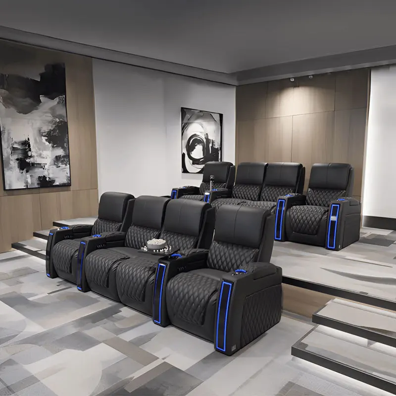 High-End European-Style Leather Sofa Home Theater Video Room Modern Electric Functional Large Apartments Straight Row Villas