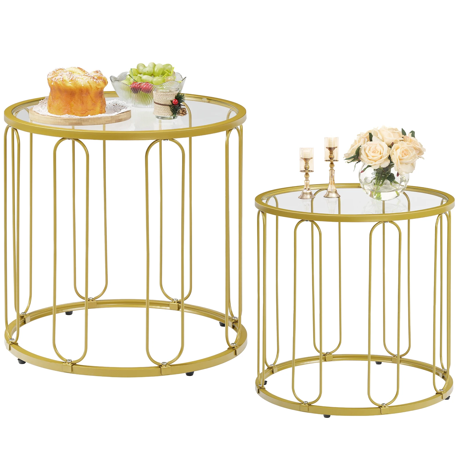 Wholesale Living Room Modern Round Nesting Glass Gold Coffee Table Set of 2 Center Table Stacking Side End Table with Storage