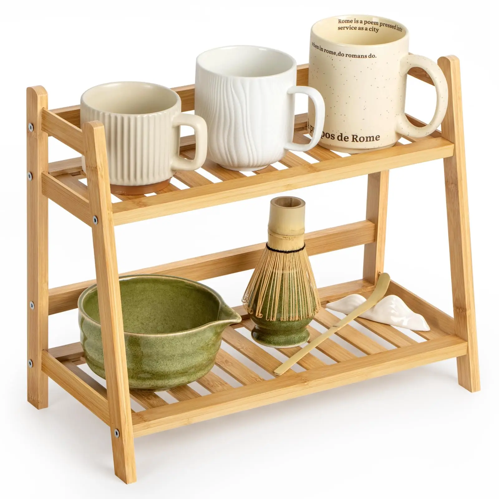 product eco friendly 2 tier bamboo coffee mug holder stand matcha tea set organizer rack kitchen cup storage shelf countertop display-2