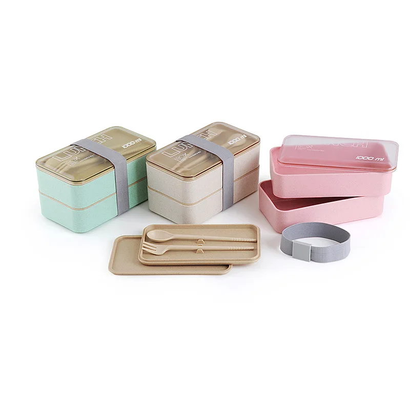 Food Grade Material Wheat Straw Plastic Double 2 Layer Kids Bento Lunch Box