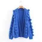Cardigan Wool Women's Fashion Hand Knitted Bubble Sleeve Cardigan Coat Super Thick Sweater With Wool Ball