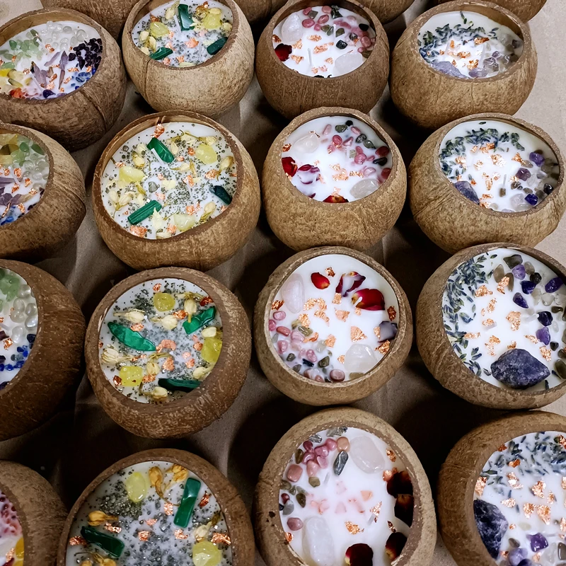 Luxury Wood Wick Coconut Bowl Candles With Crystal Handmade Natural Coconut Shell Scented