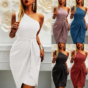 Fashion Women One Shoulder Asymmetrical Evening Party Clothing 5 Colors Sleeveless Waist Straps Slim Long Dress