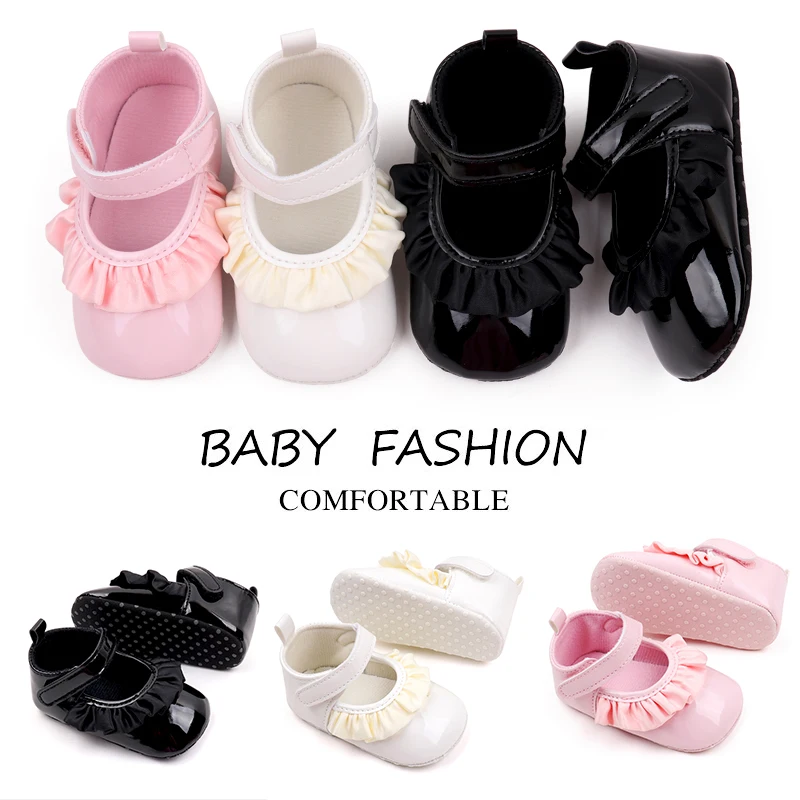 Fashion Lace Princess Shoes Solid Color Baby Girls PU Leather Bright Face Soft Soled Shoes supplier