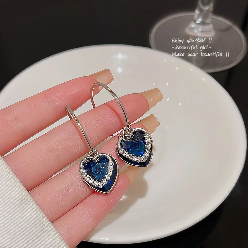 S925 sterling silver luxury niche exquisite temperament blue rhinestone heart of the ocean earings jewelry women