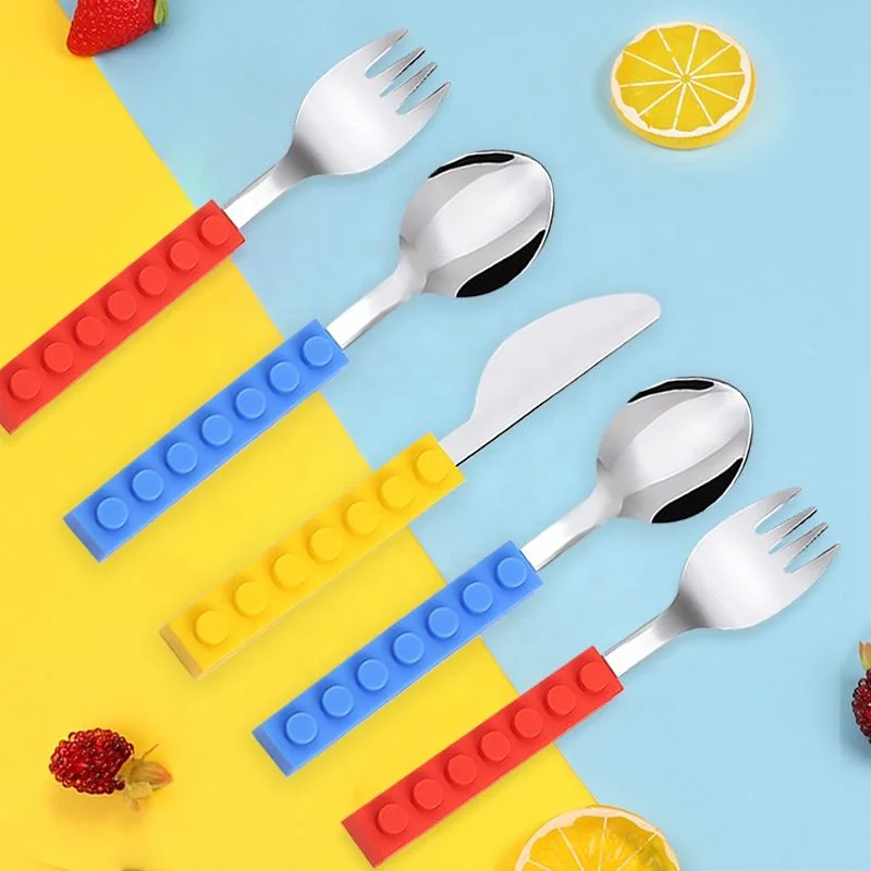 Children Cutlery Set Reusable Baby Stainless Steel Spoon and Fork Set Silicone Handle Design Utensils
