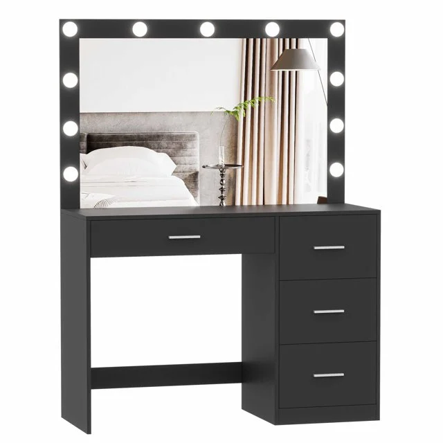 Modern Makeup Vanity Table with Lights, Vanity Desk with Mirror, 4 Drawers, Dressing Table, Black makeup table